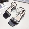 Sandali Aneikeh Frange alla moda Decorazione con stringhe bianche Scarpe con tacco alto da donna Sandali estivi sexy con cinturino alla caviglia con fibbia alla caviglia Nero