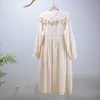 Casual Dresses Sweet Japan Style Women 2023 Solid Cotton Embroidered Dress Autumn Long Sleeve DrawString midja Lolita Fairy Midi HT15005