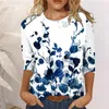 Women's Blouses & Shirts Flower Printed Blouse Mid-length Sleeves Crew-neck Casual Tee Tops Vintage For Women Fashion Elegant Chemise R5