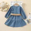 Robes fille 2023 Est automne printemps manches longues boutons solides robe au genou ceinture enfant en bas âge enfants bébé enfants filles vêtements 1-6Y