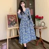 Casual jurken Franse stijl Vrouwen romantisch blauwe bloemen v-neck bloemblaad mouw falbala ontwerp kalf lengte één stuk jurk Koreaanse kleding