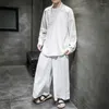 Vêtements ethniques 2023 Style chinois hommes Kimono ensembles à manches longues col en V chemise Tang costume décontracté pantalon à jambes larges solide Streetwear rétro hommes