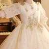 Girl Dresses Champagne Elegant O-Neck Half Sleeves Sequins Floor-Length Tulle Kids Party Communion For Weddings A2025