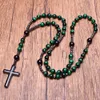 Pendant Necklaces Catholic Christ Rosary Necklaces Green Tiger Eye Onyx with Hematite Cross Pendant Long Necklace Religious Men Rosary G230206