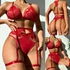 Sexy Set 3PC-Femmes Soutien-Gorge Sans Fil Sous-Vêtements G-String Jarretière Vin-Rouge Lingerie lette Bustier Culotte Nuisette Culotte Y2302