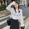 Frauen Blusen 2023 Herbst Off Schulter Flare Hülse Crop Tops Shirts Frauen Japanische Kawaii Plaid Rüschen Bluse Mädchen Y2k kurze Nette Blusas