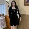 Casual Dresses Sweet Pearl Bow Dress For Women Autumn Winter 2023 Black Fairy Ladies Temperament Velvet Mini Party Club 4XL