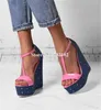 Sandals Women Fashion Open Toe Pink Blue Patchwork High Platform T-strap Multi-colors Wedge Ankle Strap