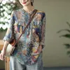 Women's Blouses & Shirts Retro Literary Floral Print Blouse Drawstring Hooded Top Long-sleeve 2023 Spring Summer Thin Silk Linen