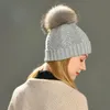 Mützen Beanie/Totenkopfkappen Winter Echter Waschbärpelz Pom Hut Frauen Damen Wolle Strickmütze mit großem flauschigem Pompon Kaschmir Angora Beanie