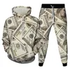 Herrspårsugnar Hoodie Set Poker Money Print Tracksuit Fashion Outfit Casual Stylish Long Sleeve Suit Bekväma kläder med hatt 230206