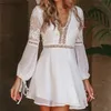 Casual Dresses Women White Trim Short Mini Dress Sundress Summer Sexy V-Neck Long Sleeve Lace