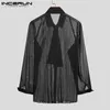 Men's Casual Shirts INCERUN Men Sexy Shirt Mesh See Through Lapel Long Sleeve Camisas WIth Tie Streetwear Pleated Solid Party Men Clothing 5XL 230204