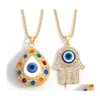 Collane con ciondolo Collana a mano di Fatima Turchia Evil Blue Eyes Diamond Maglione Catena Hollow Ciondoli fortunati Nastro regolabile Gold Turk Dhmrq