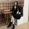 Casual Dresses Sweet Pearl Bow Dress For Women Autumn Winter 2023 Black Fairy Ladies Temperament Velvet Mini Party Club 4XL