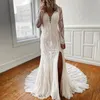 Bohème pleine dentelle sirène robes de mariée manches longues dos nu Sexy côté fendu longue pays robes de mariée 2023 plage robe de mariée