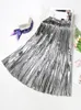 Jupes High Street Fashion Punk Metallic Jupe longue plissée Shine Mi-mollet A-line Doré Argent