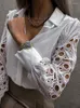 Women's Blouses Hollow Out Women Blouse White Sexy Lace 2023 Up Shirts Top Long Sleeve Spring Black Vintage Button Mesh Design Femme Tops