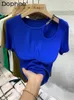 T-shirts pour femmes Sexy hors de l'épaule à manches courtes pour les femmes 2023 mode d'été irrégulière Chic évider minceur bleu t-shirt Top femmes