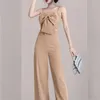 Zweiteilige Damenhose, elegantes zweiteiliges Set, Khaki, schmale Schleife, Leibchen, Spaghettiträger, Reißverschluss, dünn, volles, weites Bein, Party, T3055, Damen-W