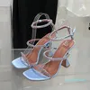 Sandalias de seda real azul Amina muaddi de calidad superior 95 mm correa adornada con cristales tacones de tacón para zapatos romanos sandalias de verano para mujer 87945