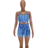 Women's Two Piece Pants Sexy Sleeveless Summer Set Plaid Halter Crop TopsDrawstring Casual Fashion Shorts Gym Tracksuit Suit 230206