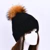 Beanies Beanie/Skull Caps Winter Real Raccoon päls Pom Hat Kvinnliga damer Wool Sticked Cap med Big Fluffy Pompom Cashmere Angora Beanie