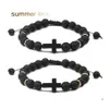 Beaded Strands Lava Volcano Stone Agate Beads Bracelet For Men Cross Charm Handmade Adjustable Black Braided Drop Delivery Jewelry Dhhfl