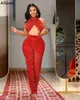 Glitter Red Sequined Two Pieces Prom Dresses Pantsuits Halter Sexy Arabic Aso Ebi Speical Occasion Evening Gowns Women Plus Size J243A