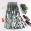 Skirts High Street Fashion Punk Metallic Pleated Long Skirt Shine Mid-calf A-line Golden Silver