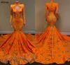 Çarpıcı turuncu dantel deniz kızı balo elbiseleri Arapça aso Ebi Yüksek Yakalı Uzun Kollu Vintage Akşam Partisi Kadınlar İçin Artı Boyutu Resmi Elbiseden Bak Cl1789