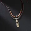 Chaîne de pull en perles de bois de Style ethnique, pendentif en plume en métal réglable, collier en feuille pour homme