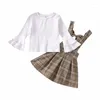 Clothing Sets 1-6Y Toddler Kids Baby Girl Flared Long Sleeve White T-shirt Tops Plaid Bow Suspender Skirt 2PCS Princess Girls Set