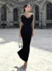 Casual Dresses 2023 Fashion Black Feathers Women Off the Shoulder Sexy BodyCon Long Dress Rayon Bandage Eelgant Evening Party Outfit