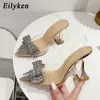 Klänningskor Eilyeken Fashion Crystal Sequined Bowknot Women Pumps Sexig Point Toe High Heels PVC Transparent Sandals Wedding Prom Shoes 230206