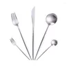 Servis uppsättningar matt bestick set 18/10 rostfritt stål silver matsal sked gaffel kniv pinnar kök bordsartiklar rund handtag