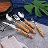 Dinnerware Sets Original Nature Bamboo Handle Stainless Steel Knife Fork And Spoon Tableware Western Style Steak