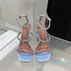 Sandalias de seda real azul Amina muaddi de calidad superior 95 mm correa adornada con cristales tacones de tacón para zapatos romanos sandalias de verano para mujer 87945