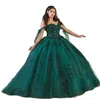 Prinses Dark Green Hunter Ball Jurk Quinceanera Dress Off Shoulder Lace Applique Long Plus Size Prom avondjurken Glansen Sweet 15 Dress Vestido VX Anos