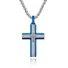 Pendant Necklaces Artistic Jewelry Wholesale Engrave CNC Inlaid Zircon Stainless Steel Blue Layer Plaid Men Cross Pendant Necklace G230206