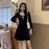 Casual Dresses Sweet Pearl Bow Dress For Women Autumn Winter 2023 Black Fairy Ladies Temperament Velvet Mini Party Club 4XL