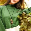 Pendant Necklaces Bronze Flower Long Necklace Square Wood Vintage Aventurine Crystal Ethnic Handmade SweaterPendant