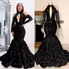 NOUVEAU 2023 Jupes à plusieurs niveaux noires Robes de bal Africain col haut 3D dentelle fleurs paillettes robes de soirée grande taille robe de soirée réfléchissante