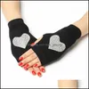 Fingerless Handskar Lovely Rose Printed Lady Rhinestone Women M￤n Sticked Black Wool Half Finger Computer Mittens Warm 20220223 Drop D DHJ6S