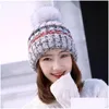 Beanie/Skull Caps Autumn Winter Womens Knit Hat Wool Ball Fleece Beanies Cap Lady Knitted Warm Crochet Hats Drop Delivery Fashion Ac Dhxou