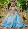 Robes de fille en Satin bleu ciel, longue robe de concours pour enfants, avec perles de cristal argenté, vêtements de princesse pour enfants, fleur d'anniversaire