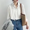 Camicette da donna 2023 Autunno Bianco Nero Blu Camicia da donna Coreana Chic Tinta unita Semplice Manica lunga Risvolto Vintage Top Camicetta Cardigan