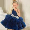 Girl Dresses Navy Blue Tiered One Shoulder Princess Flower Bow Birthday Pageant Robe De Demoiselle First Communion Colorful