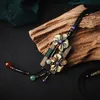 Pendant Necklaces Bronze Flower Long Necklace Square Wood Vintage Aventurine Crystal Ethnic Handmade SweaterPendant