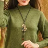 Pendant Necklaces Bronze Flower Long Necklace Square Wood Vintage Aventurine Crystal Ethnic Handmade SweaterPendant